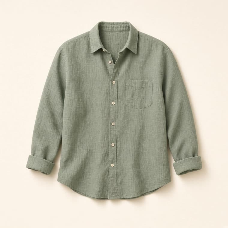 Camisa de linho verde-sálvia com botões e manga longa, sobre fundo neutro.