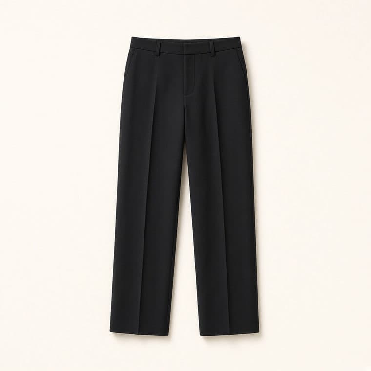Calça de alfaiataria preta de corte reto, sobre fundo neutro.