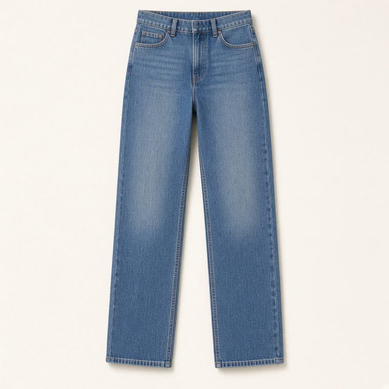 Calça jeans azul-médio de cintura alta e perna reta, sobre fundo neutro.