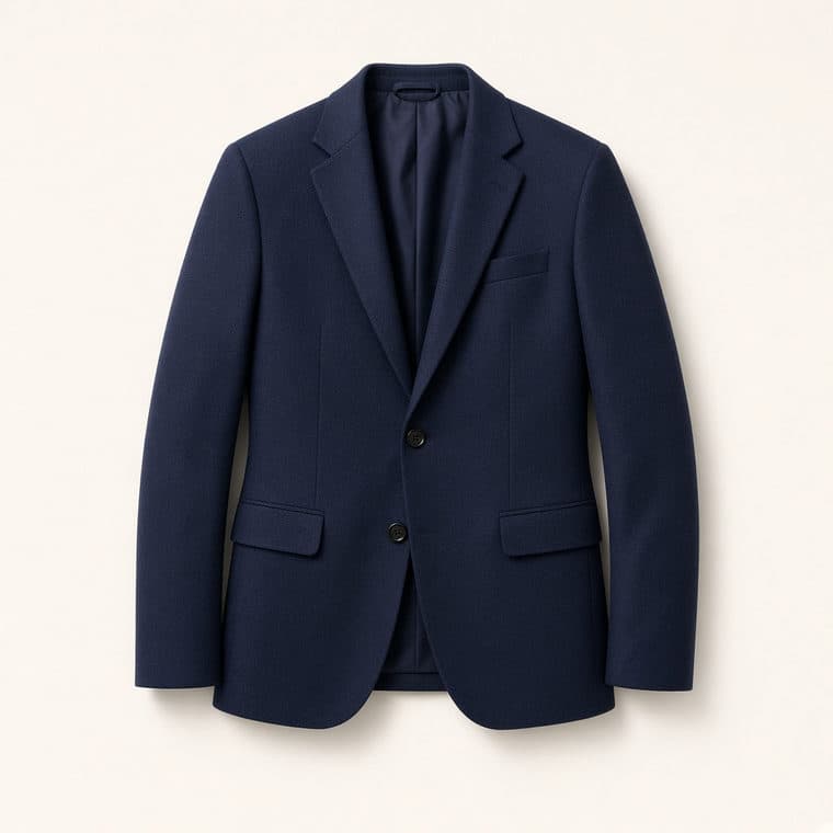Blazer de alfaiataria azul-marinho com dois botões, sobre fundo neutro.