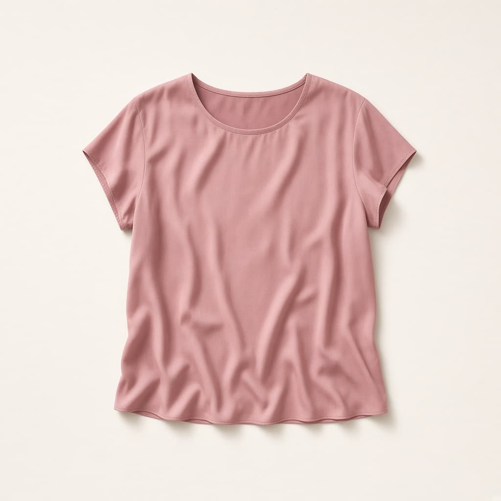 Blusa de viscose rosa-frio de manga curta e caimento fluido, sobre fundo neutro.