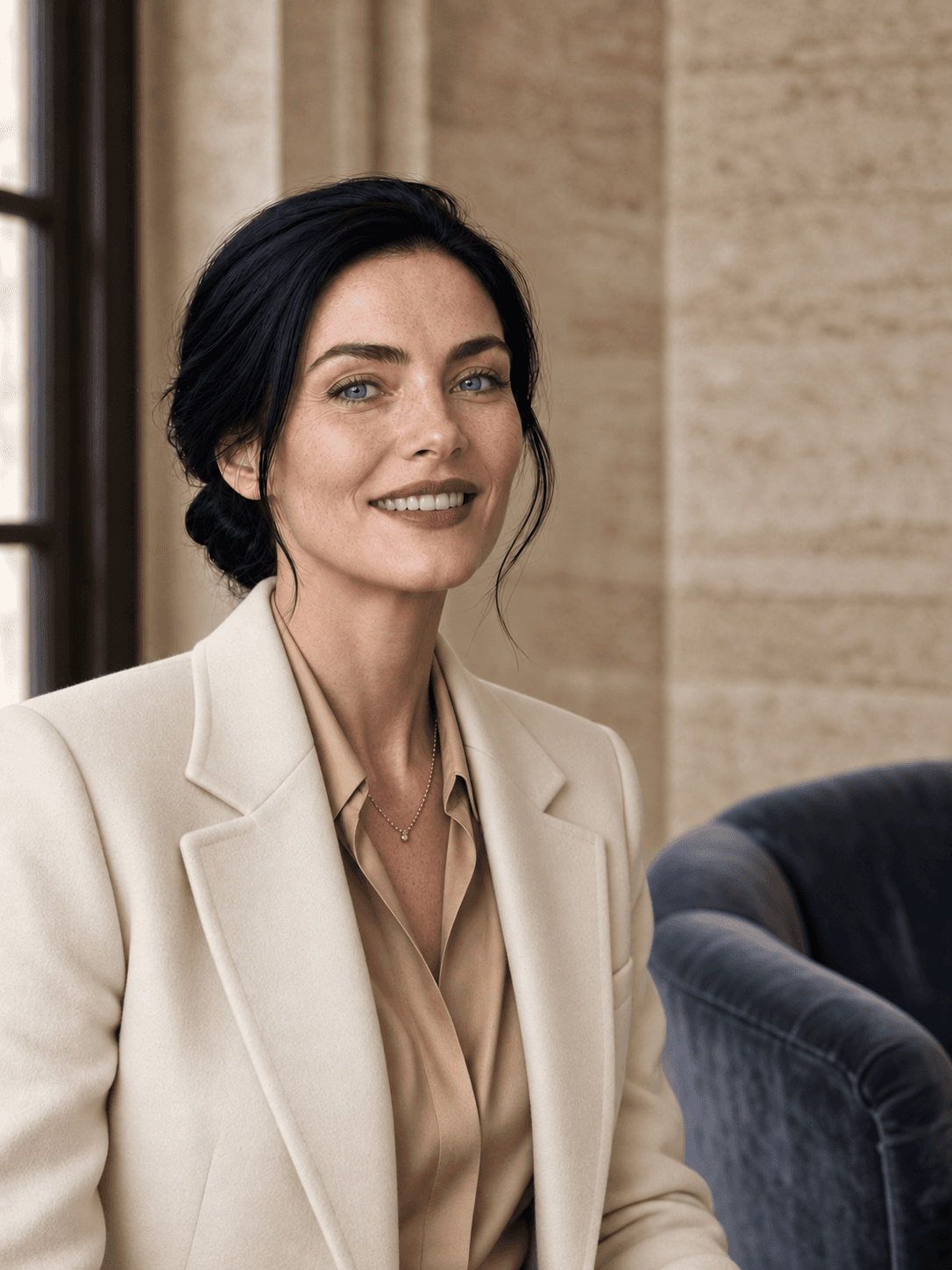 Modelo do acervo com blazer marfim