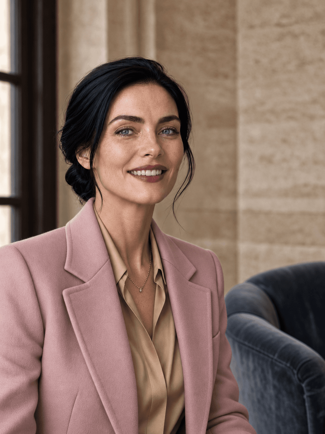 Modelo do acervo com blazer rosa-frio