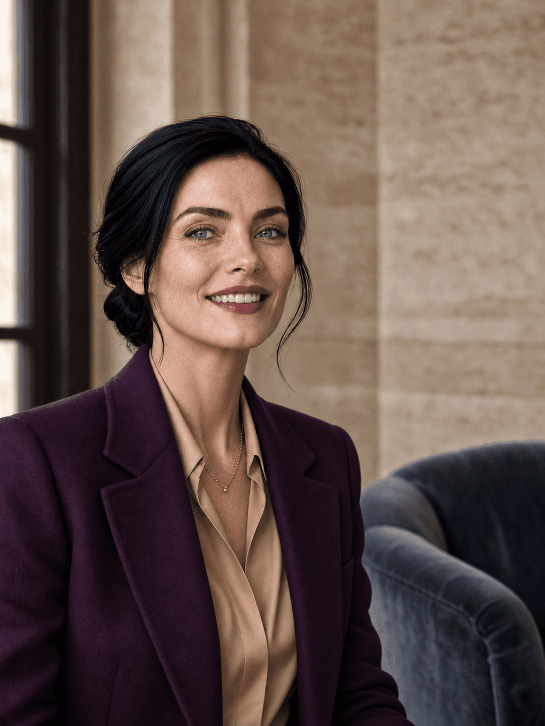Modelo do acervo com blazer vinho profundo