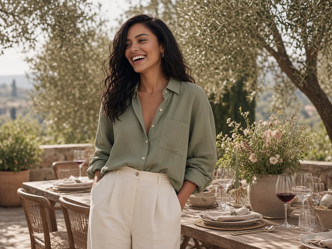 Modelo sorrindo com camisa verde-sálvia e calça clara, em uma referência para o cotidiano