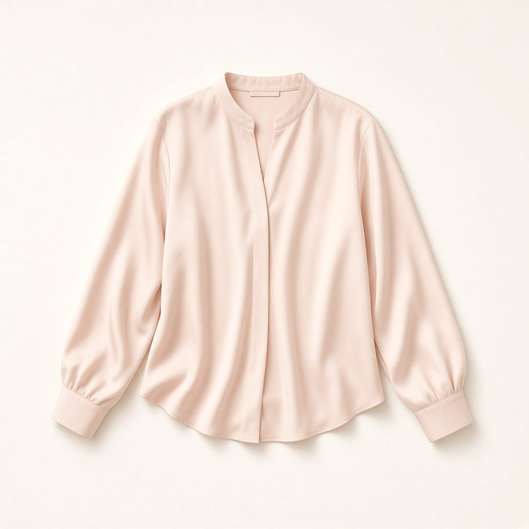 Blusa de seda em tom creme rosado, manga longa e caimento fluido, sobre fundo neutro.