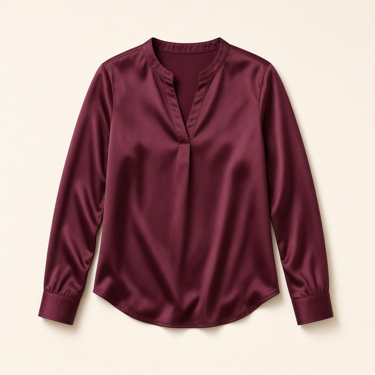 Blusa de cetim borgonha com brilho suave e manga longa, sobre fundo neutro.