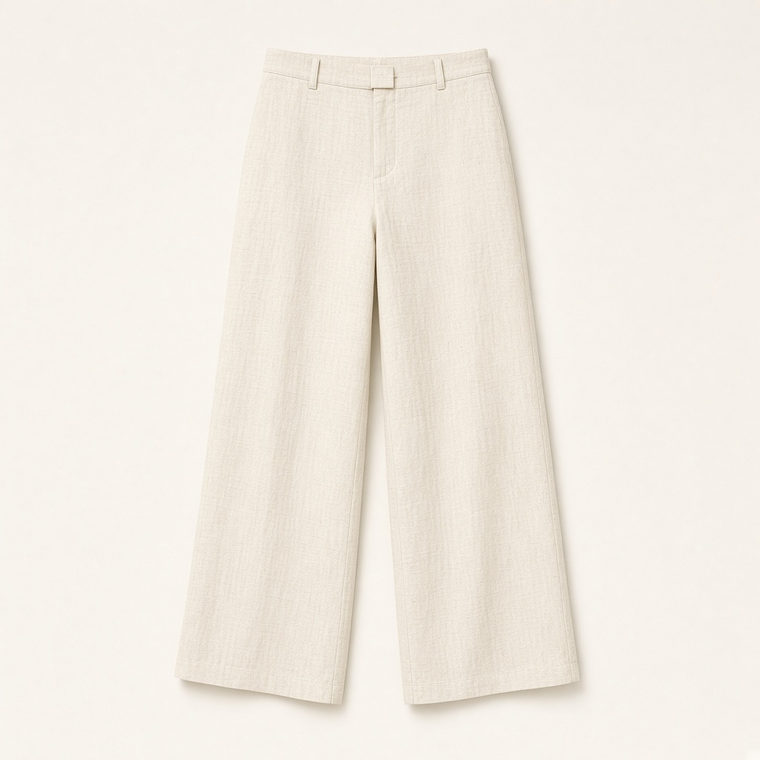 Calça de linho marfim de perna larga, sobre fundo neutro.