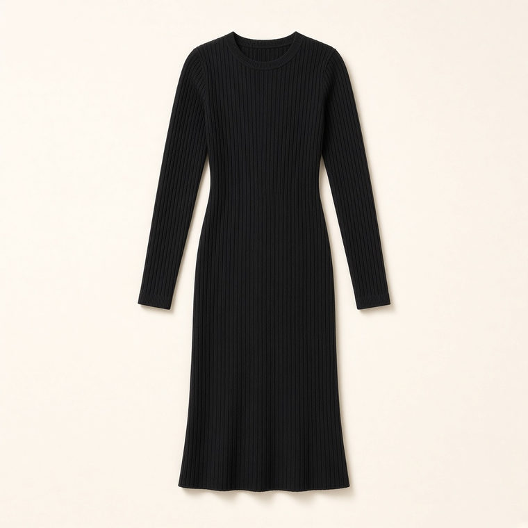 Vestido midi de malha preta com manga longa, sobre fundo neutro.