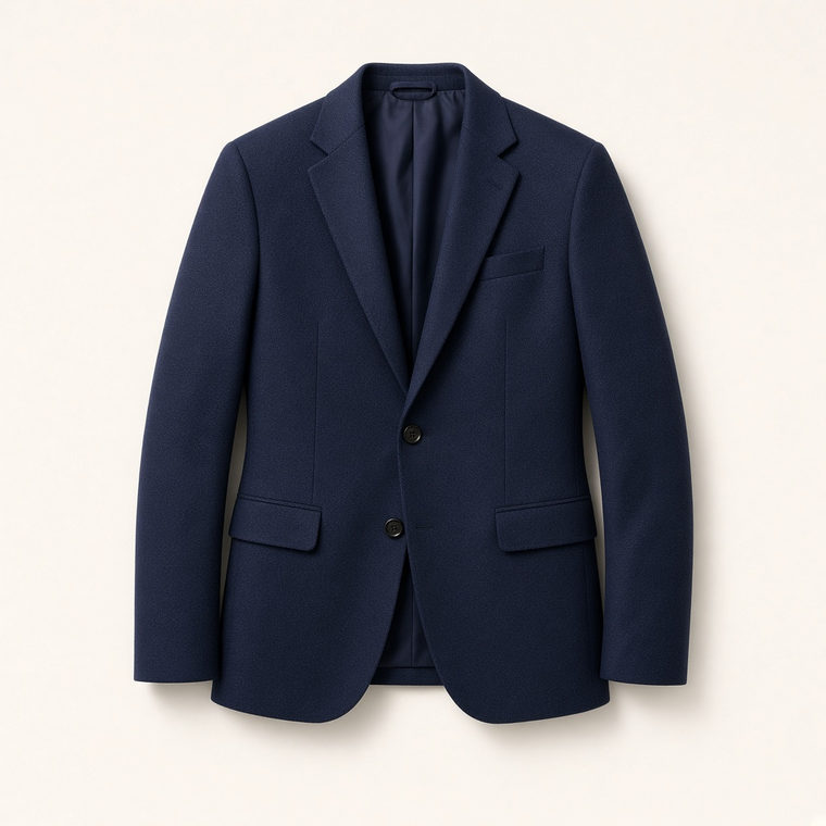 Blazer de alfaiataria azul-marinho com dois botões, sobre fundo neutro.