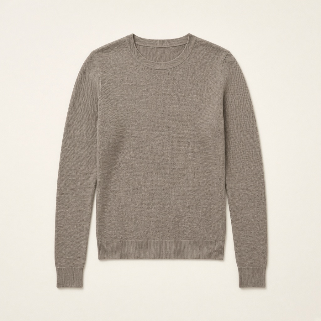 Blusa de tricô fino taupe com gola redonda e manga longa, sobre fundo neutro.